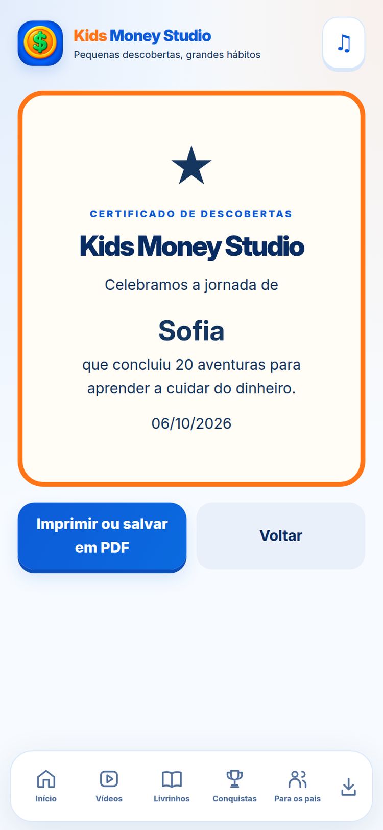 Conquistas e certificado — tela do aplicativo