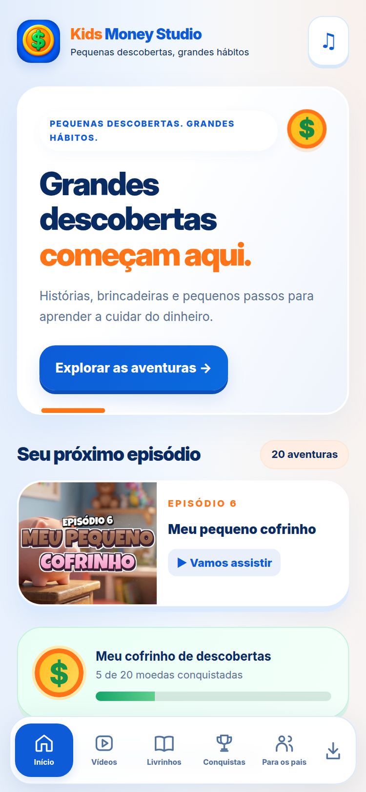 Conheça o Kids Money Studio — tela real do aplicativo