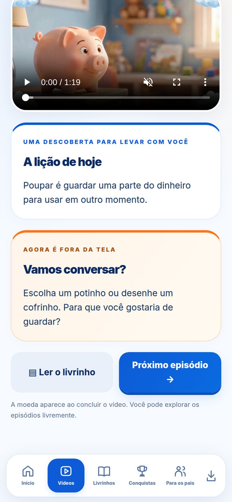 Lição e atividade em família — tela do aplicativo