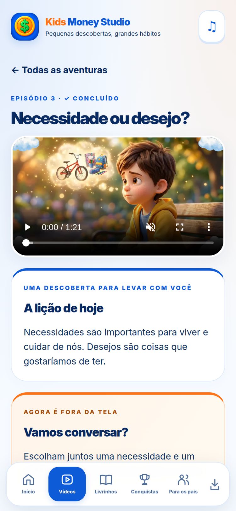 Episódios em desenho 3D — tela do aplicativo