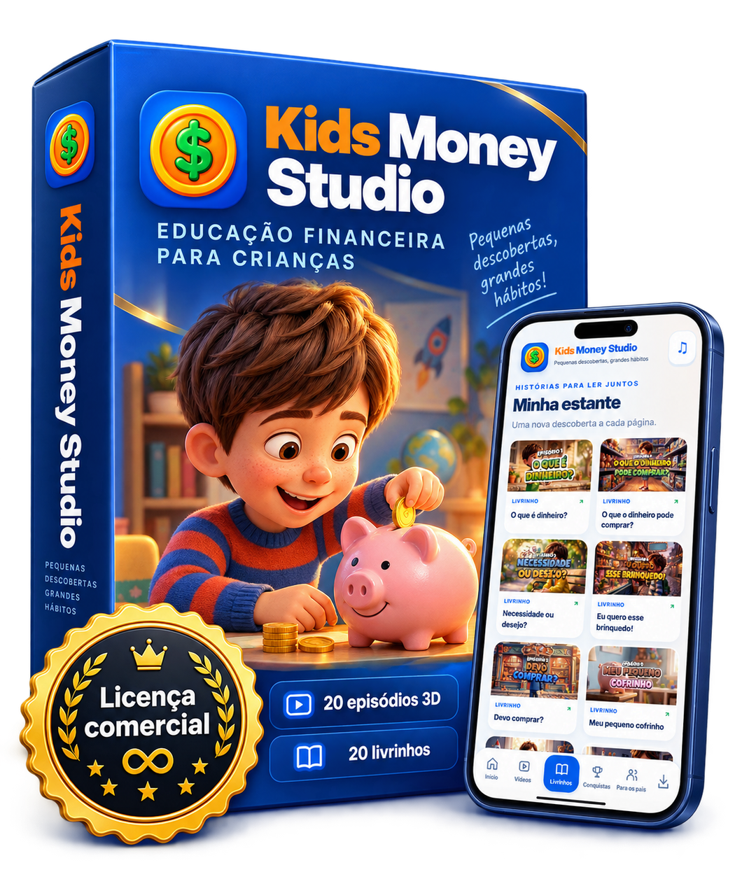 Caixa do produto Kids Money Studio com selo de licença comercial e o aplicativo no celular