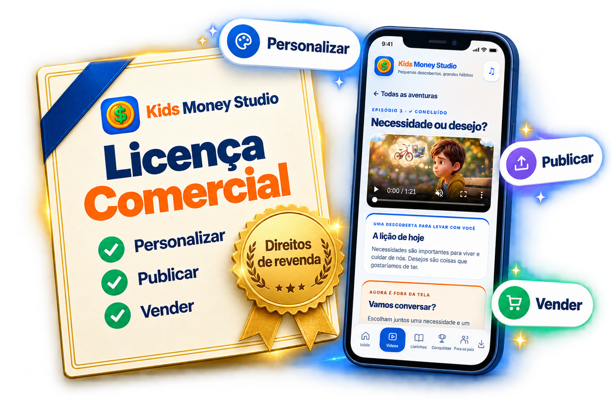 Certificado de licença comercial do Kids Money Studio ao lado do aplicativo no celular