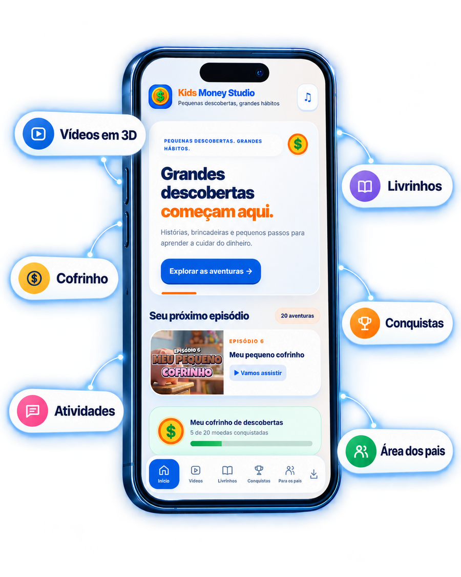 Aplicativo Kids Money Studio no celular com vídeos em 3D, livrinhos, cofrinho, conquistas, atividades e área dos pais